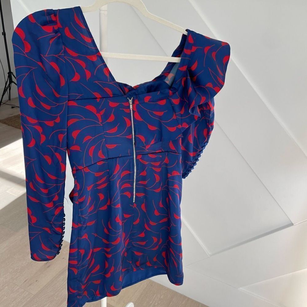 Self Portrait Blue Red One Shoulder Ruffle Dress - Picture 8 of 13